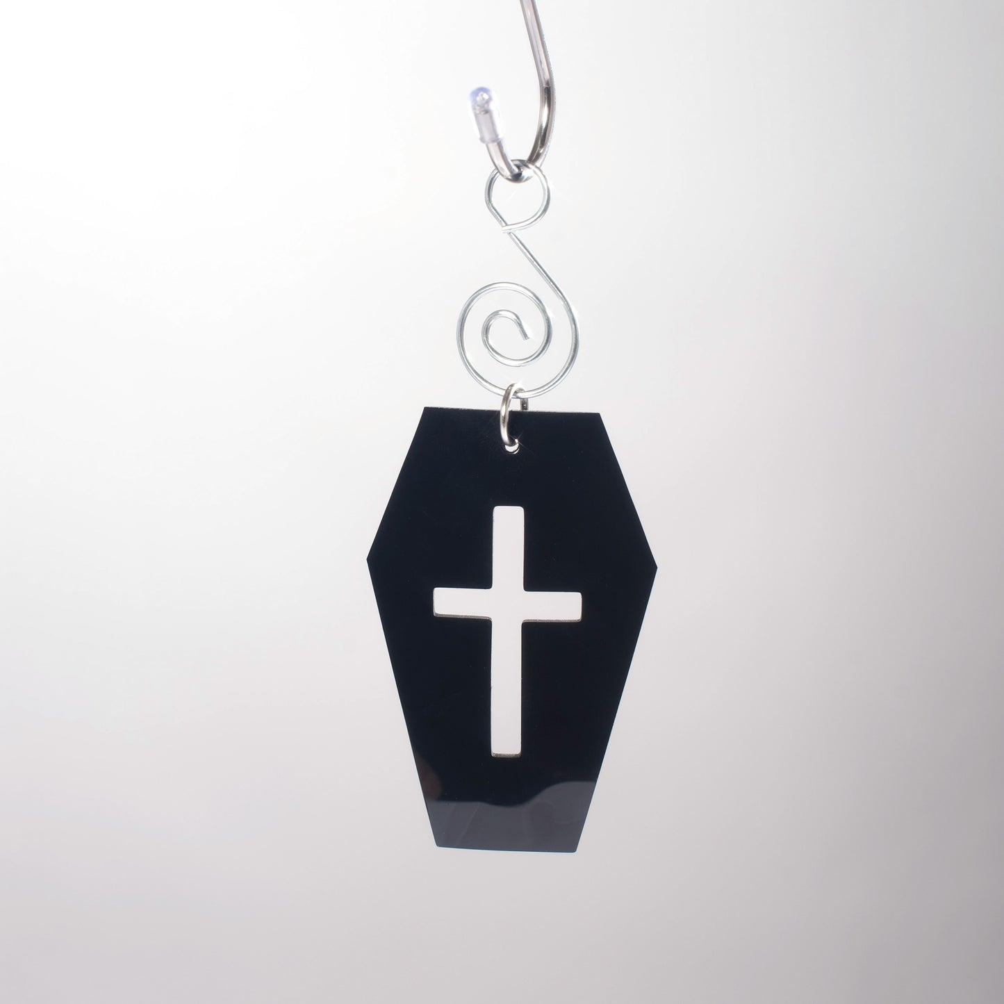 Gothic coffin cross ornament in black pvc or black leather for christmas holiday tree.