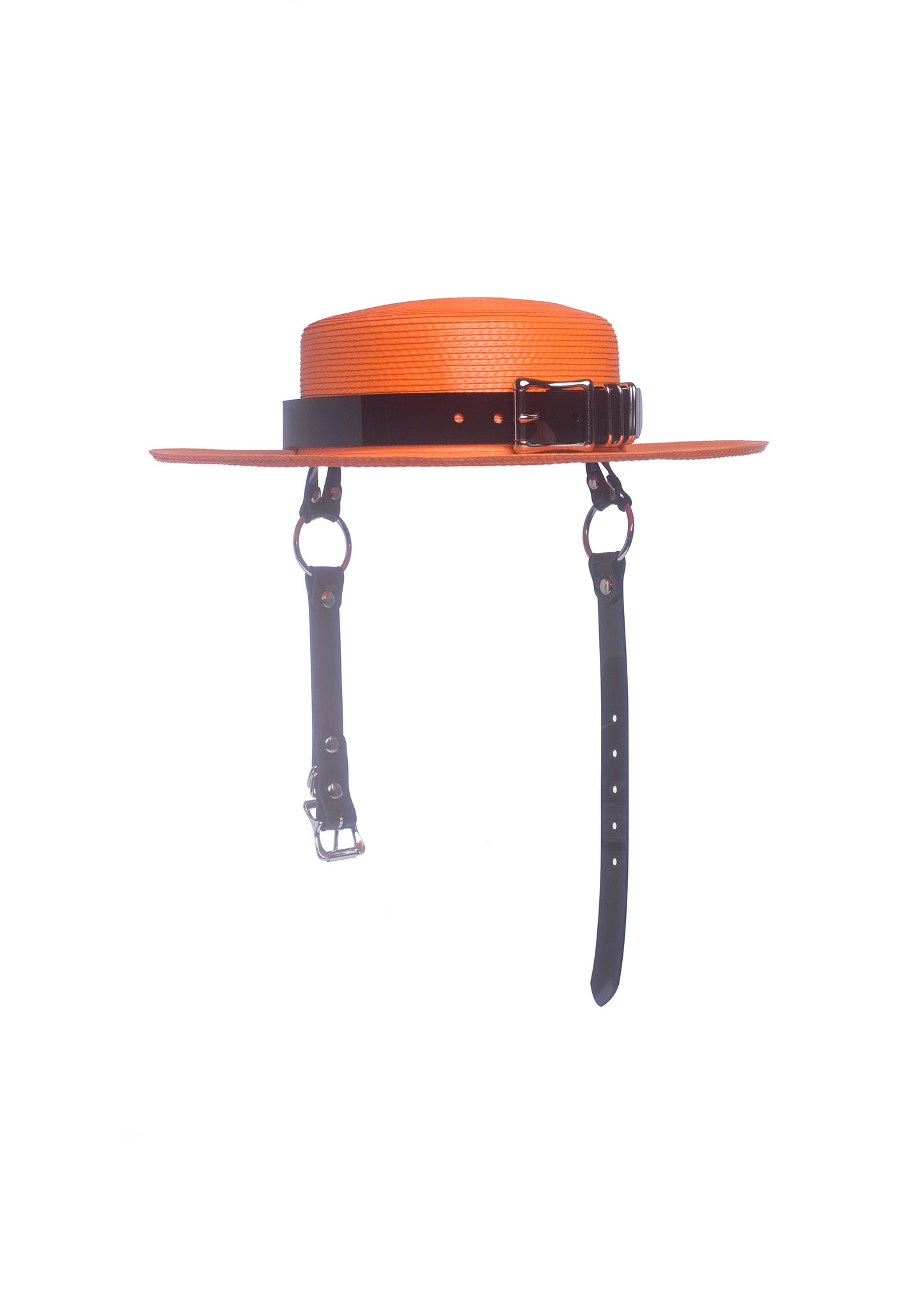 Apatico harness hat in orange with black pvc buckle band and harness chin straps, perfect spooky halloween vibes