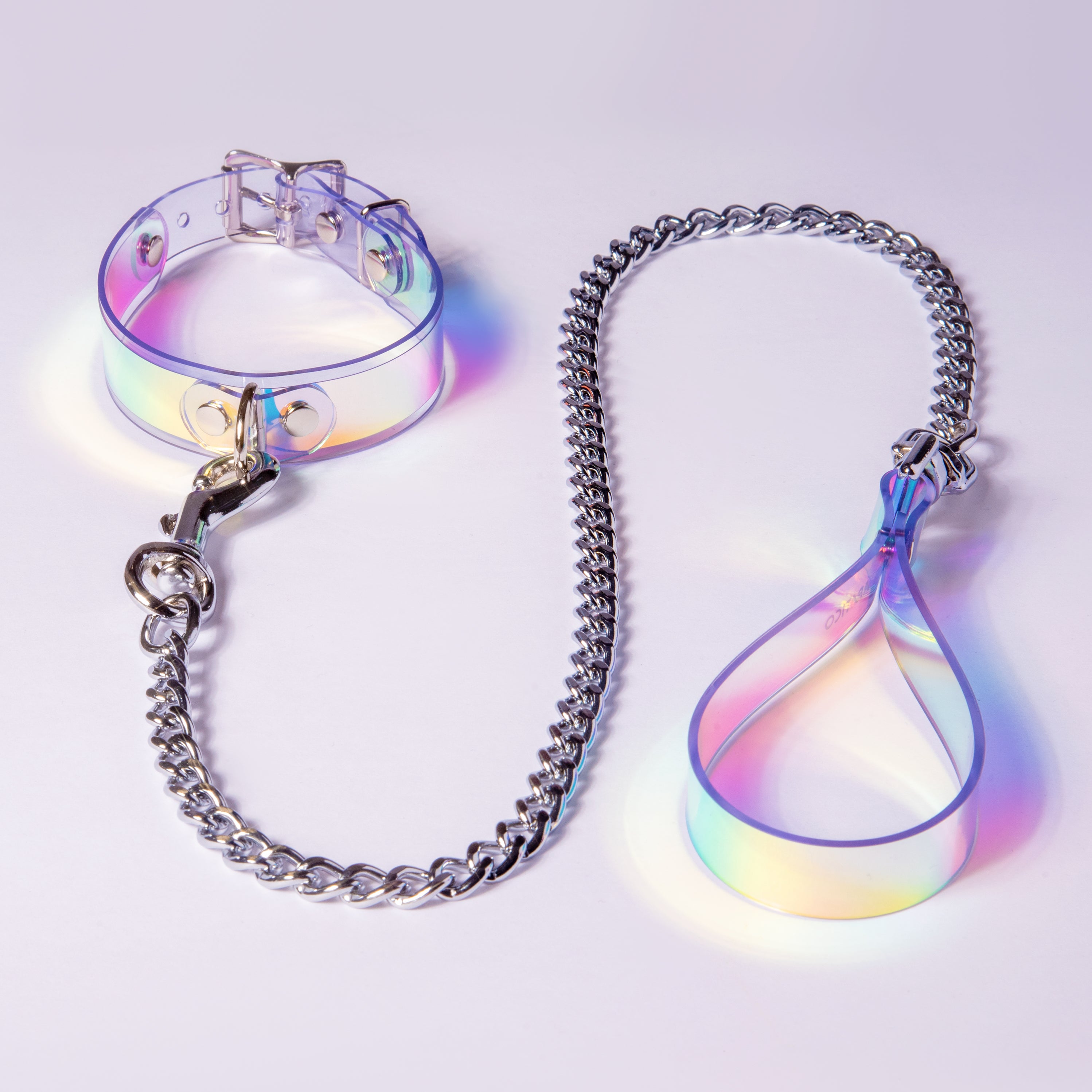 Apatico Holographic Chain Leash Collar Set Iridescent Clear PVC