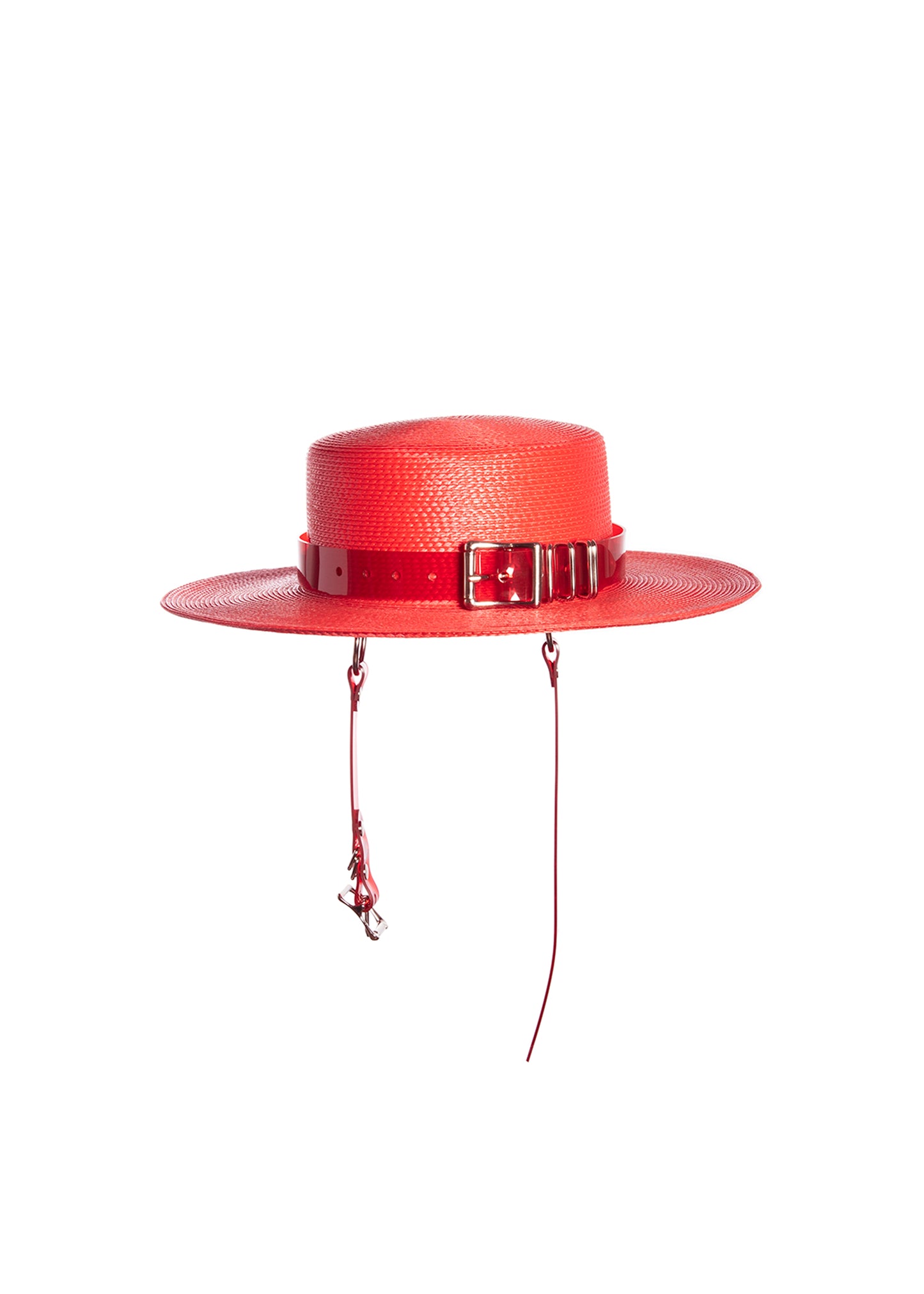 Red wide brim faux straw hat with translucent red pvc harness strap details.