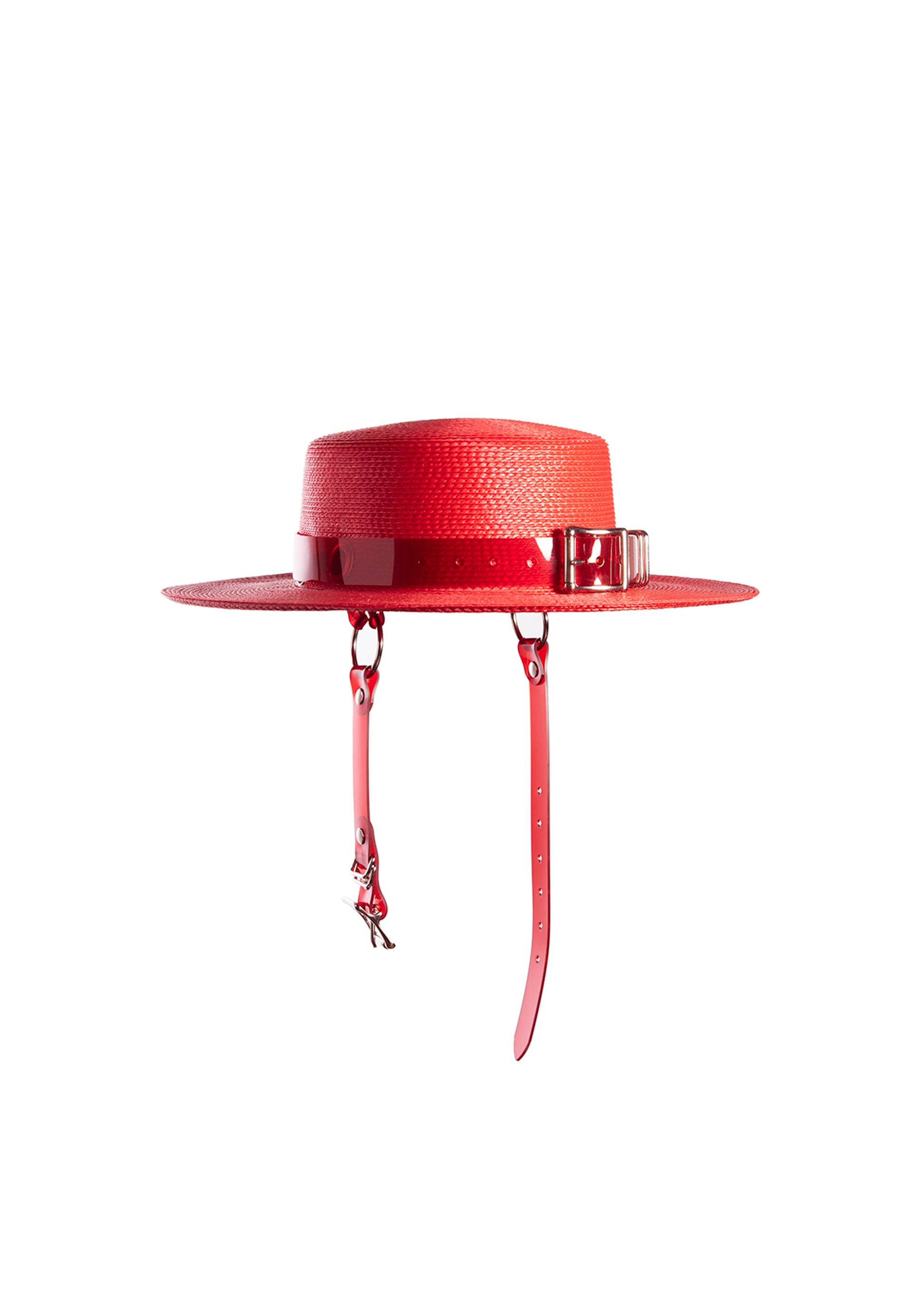 Red wide brim faux straw hat with translucent red pvc harness strap details.