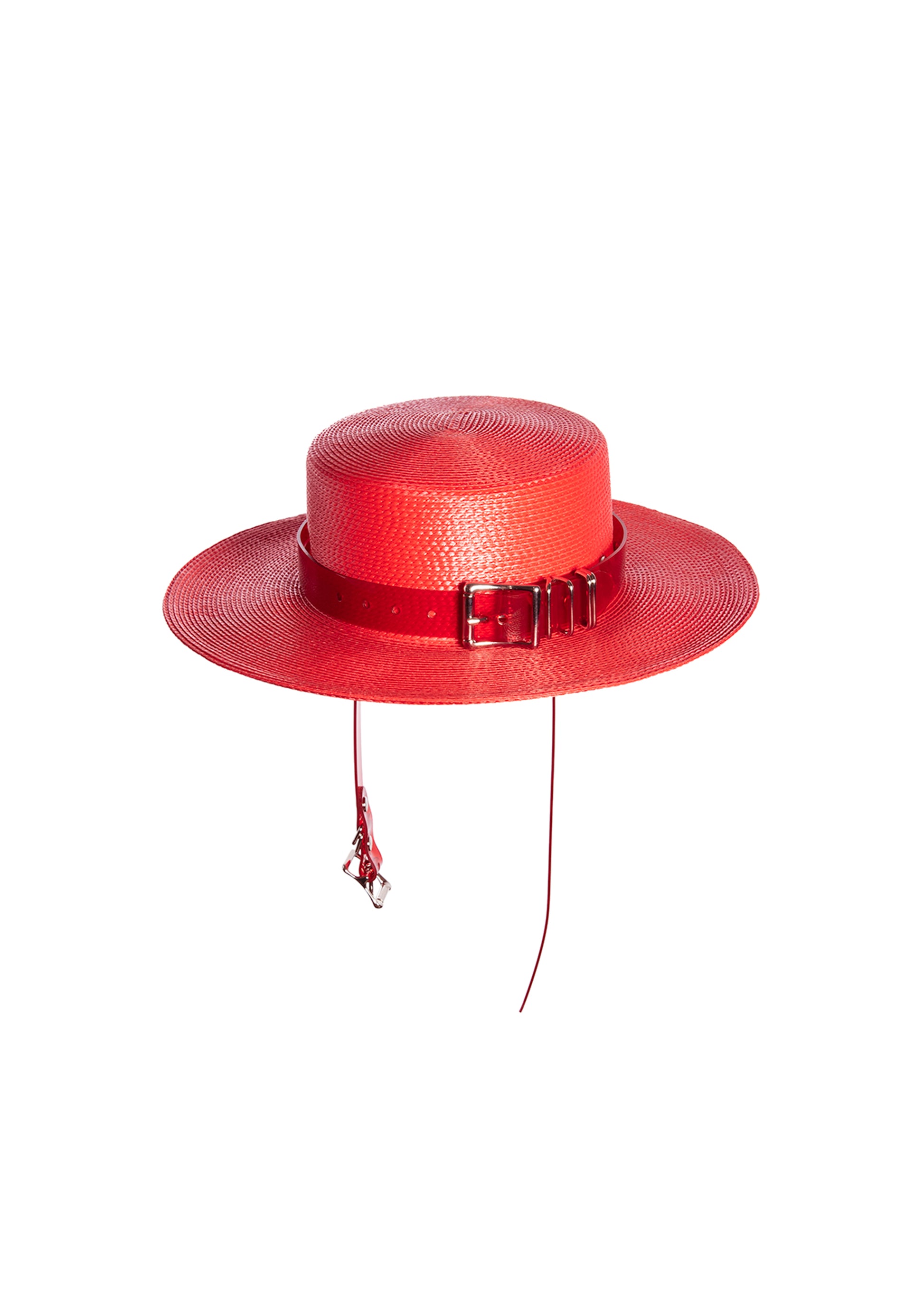 Red wide brim faux straw hat with translucent red pvc harness strap details.