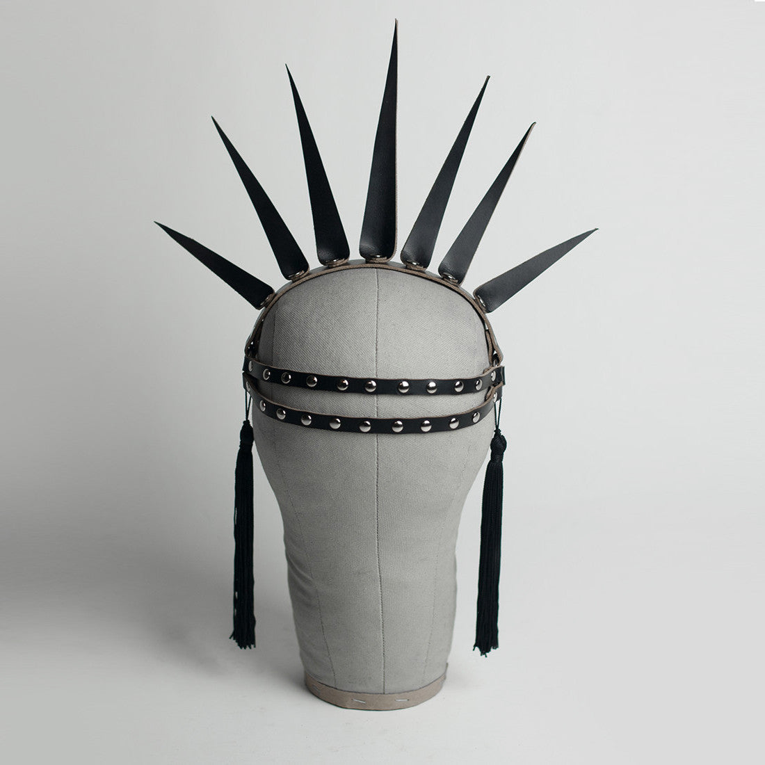 Apatico Strega Crown - spiked harness crown headpiece with studding and tassels.